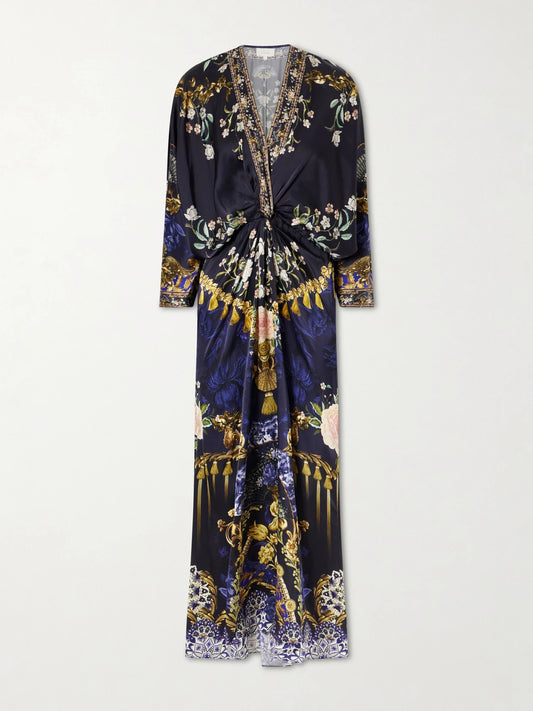 Gathered Embellished Printed Silk Maxi Dress