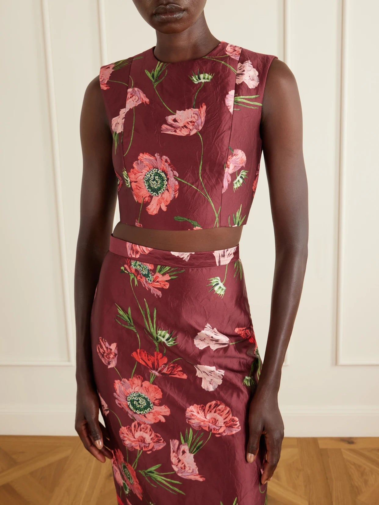 Floral-print Crinkled Satin Cropped Top