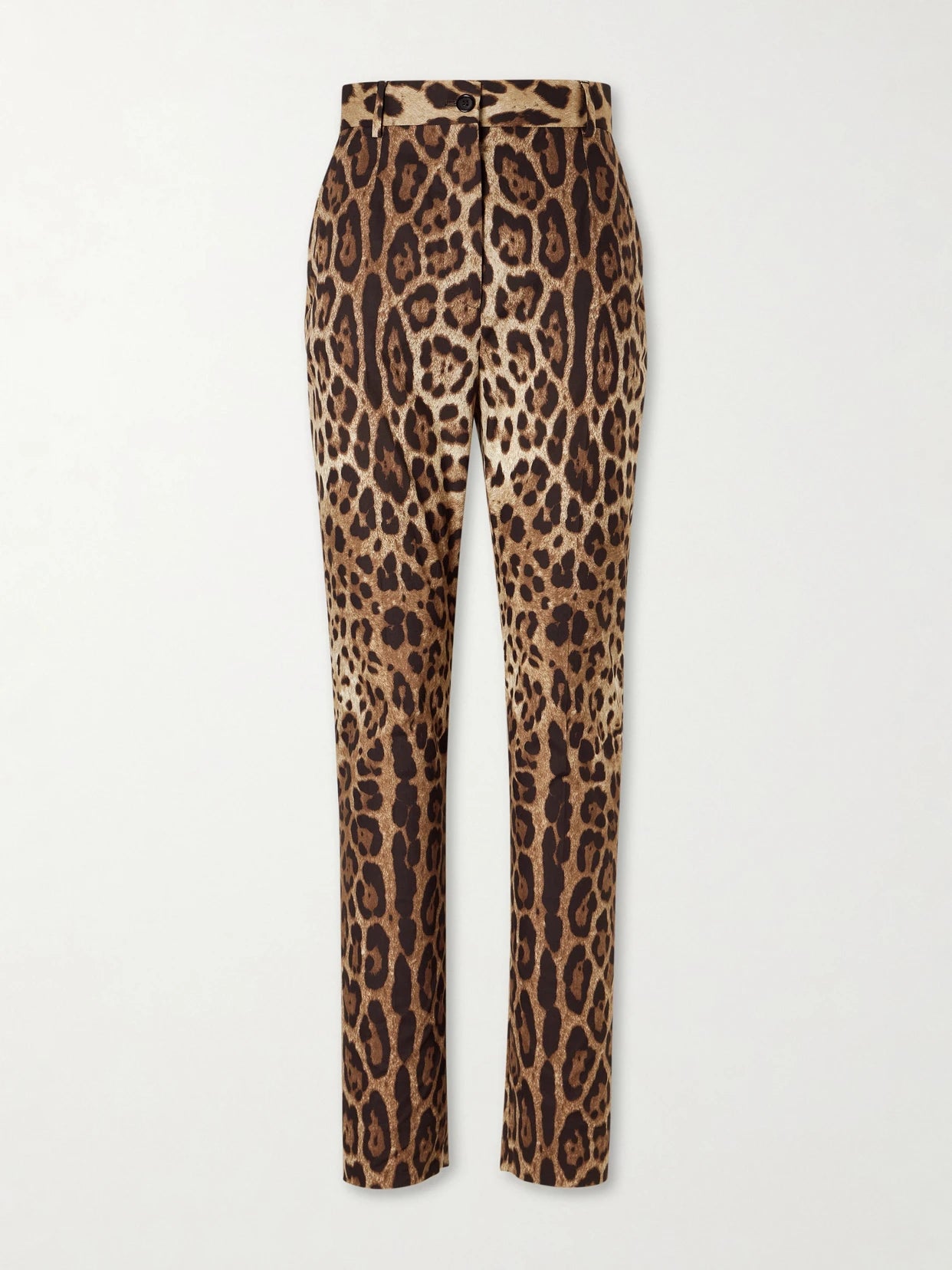 Image of a model wearing Pants. Product name - Leopard-print High-rise Cotton Straight-leg Pants in Leopard print colour by brand - Dolce & Gabbana