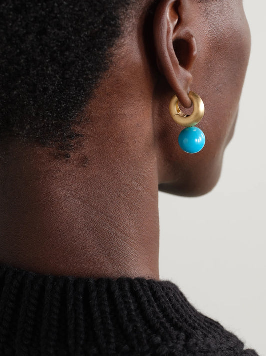 Image of Earrings. Product name - Gumball Puffed Huggies 18-karat Gold Turquoise Earrings in Multi colour by brand - Irene Neuwirth