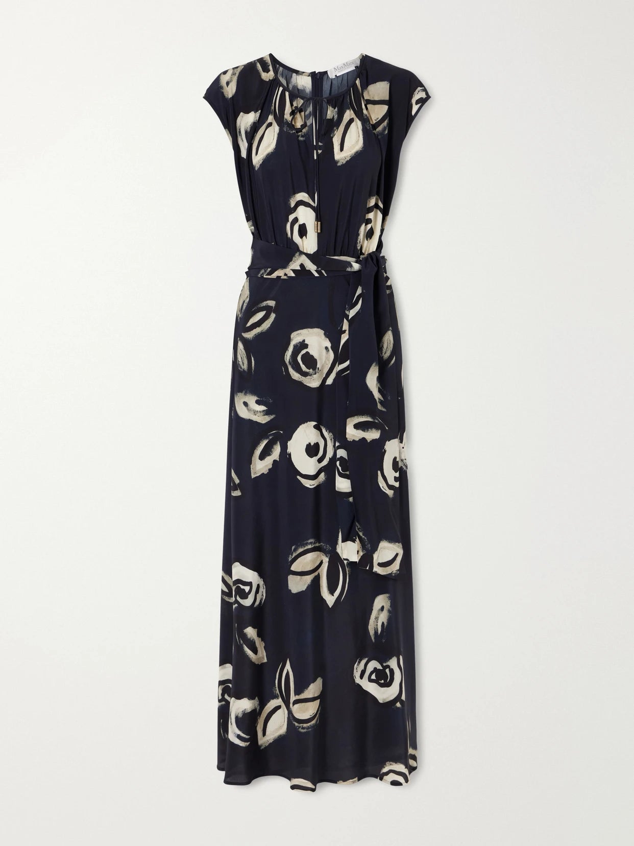 Image of Dresses. Product name - Tie-detailed Silk-chiffon Maxi Dress in Navy colour by brand - Max Mara
