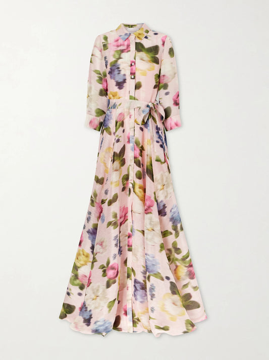 Image of Dresses. Product name - Floral-print Linen And Silk-blend Gown in Pink colour by brand - Carolina Herrera
