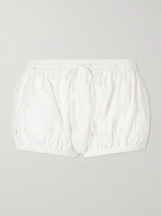 Image of a model wearing Shorts. Product name - Embroidered Cotton-blend Shorts in White colour by brand - The Attico
