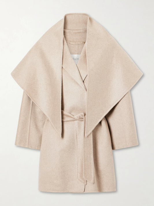 Image of Coats & Jackets. Product name - Belted Scarf-detailed Cashmere Coat in Camel colour by brand - Max Mara