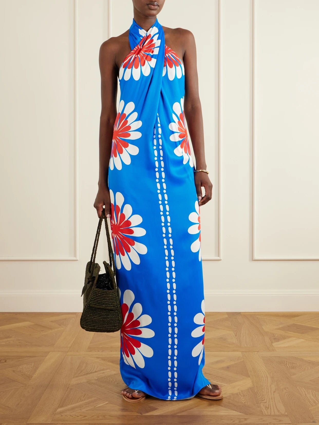 Image of Dresses. Product name - Oliviera Floral-print Satin Halterneck Maxi Dress in Blue colour by brand - Cala de la Cruz
