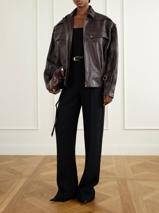 Image of Coats & Jackets. Product name - Belted Leather Jacket in Dark brown colour by brand - Magda Butrym