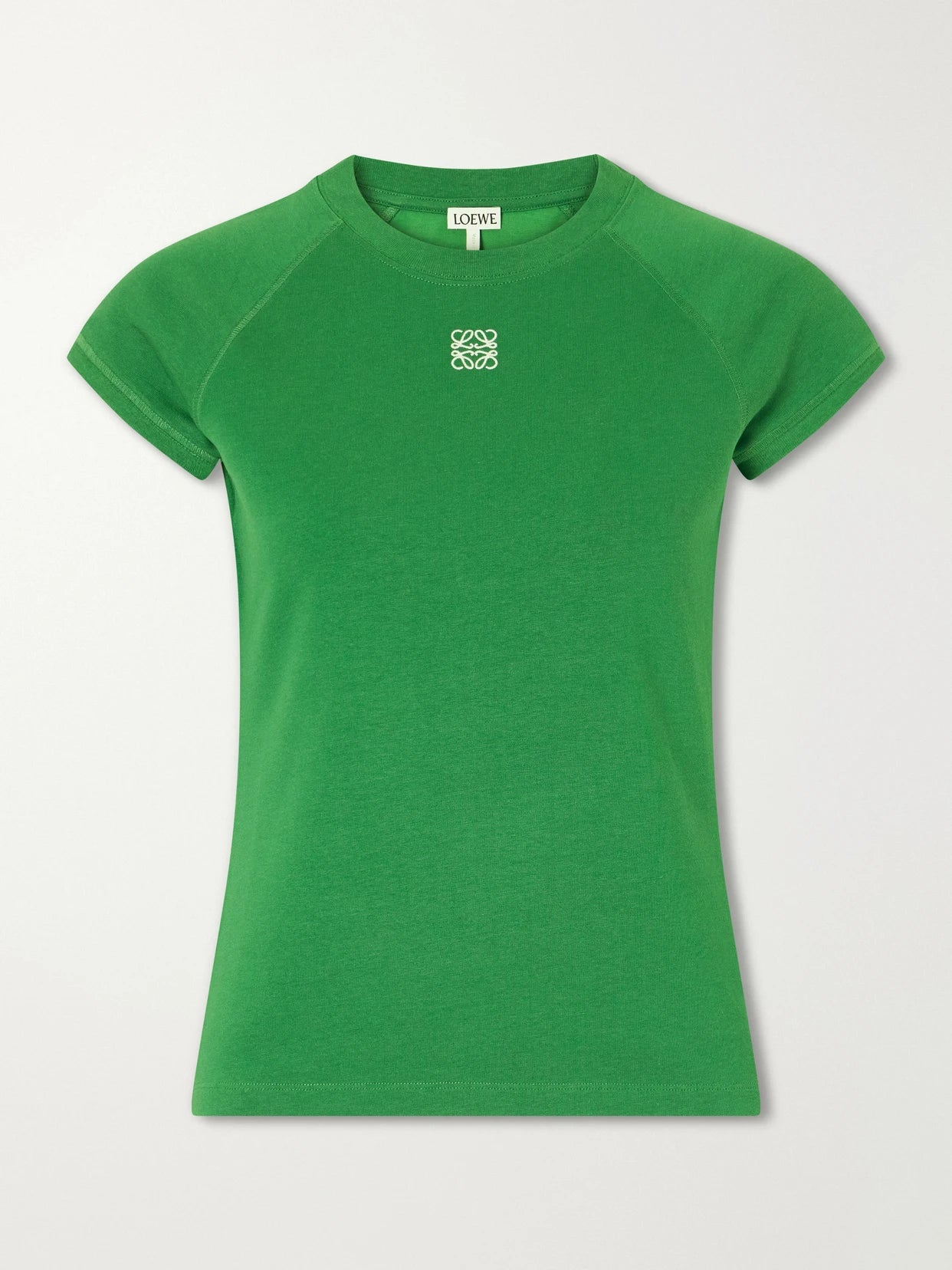 Image of a model wearing Tops. Product name - Anagram Embroidered Cotton-blend Jersey T-shirt in Green colour by brand - LOEWE