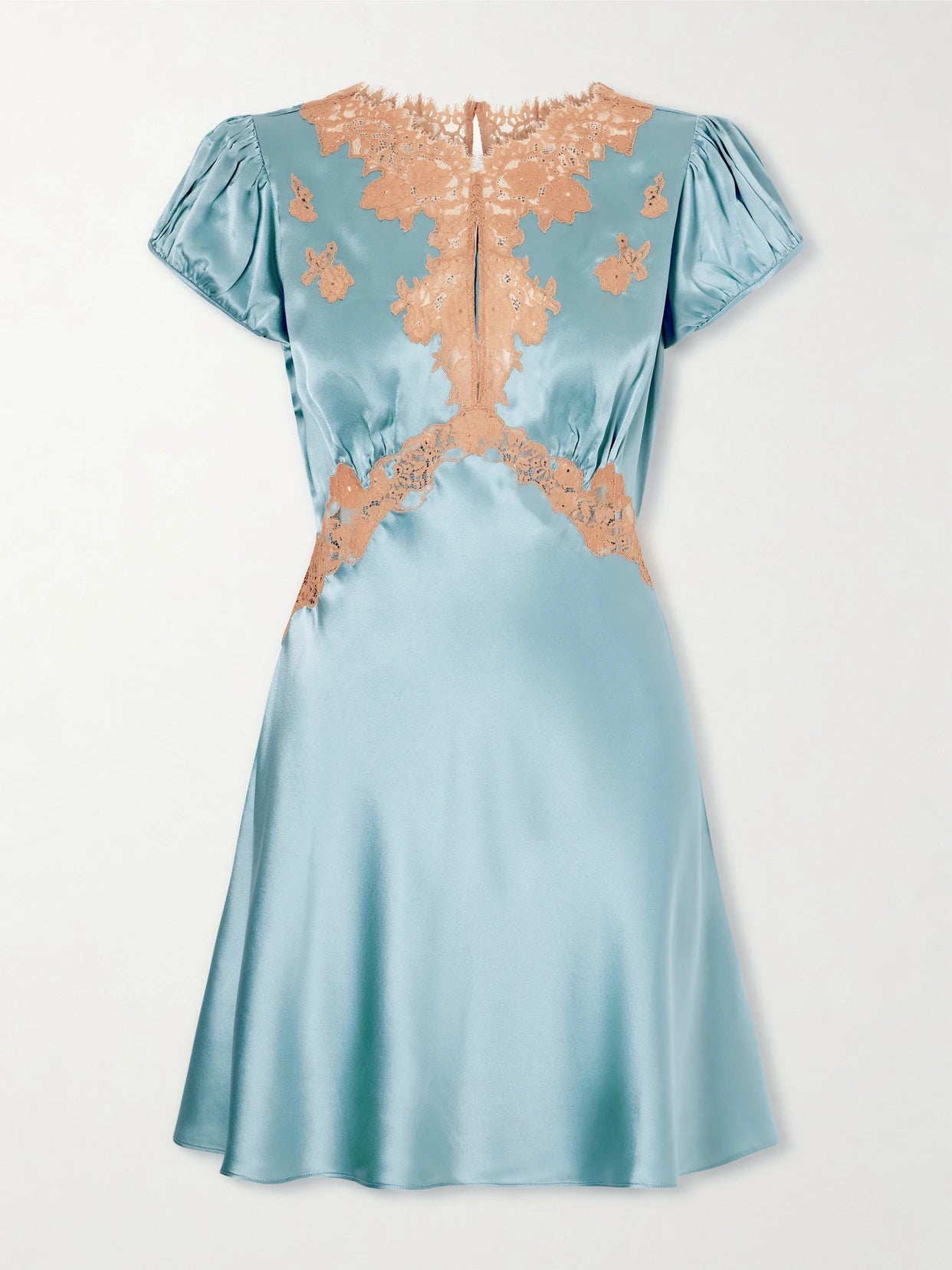 Image of Dresses. Product name - Junia Lace-trimmed Silk-satin Mini Dress in Blue colour by brand - DÔEN