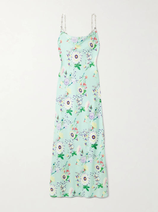 Image of Dresses. Product name - Chain-embellished Floral-print Satin Midi Dress in Light green colour by brand - RABANNE