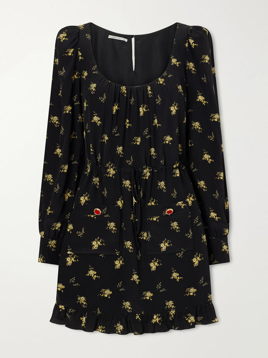 Image of Dresses. Product name - Ruffled Floral-print Crepe Mini Dress in Black colour by brand - Alessandra Rich