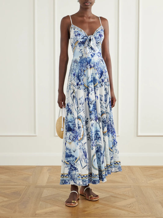 Image of Dresses. Product name - Porcelain Parlour Tie-detail Crystal-embellished Printed Silk Maxi Dress in Blue colour by brand - Camilla