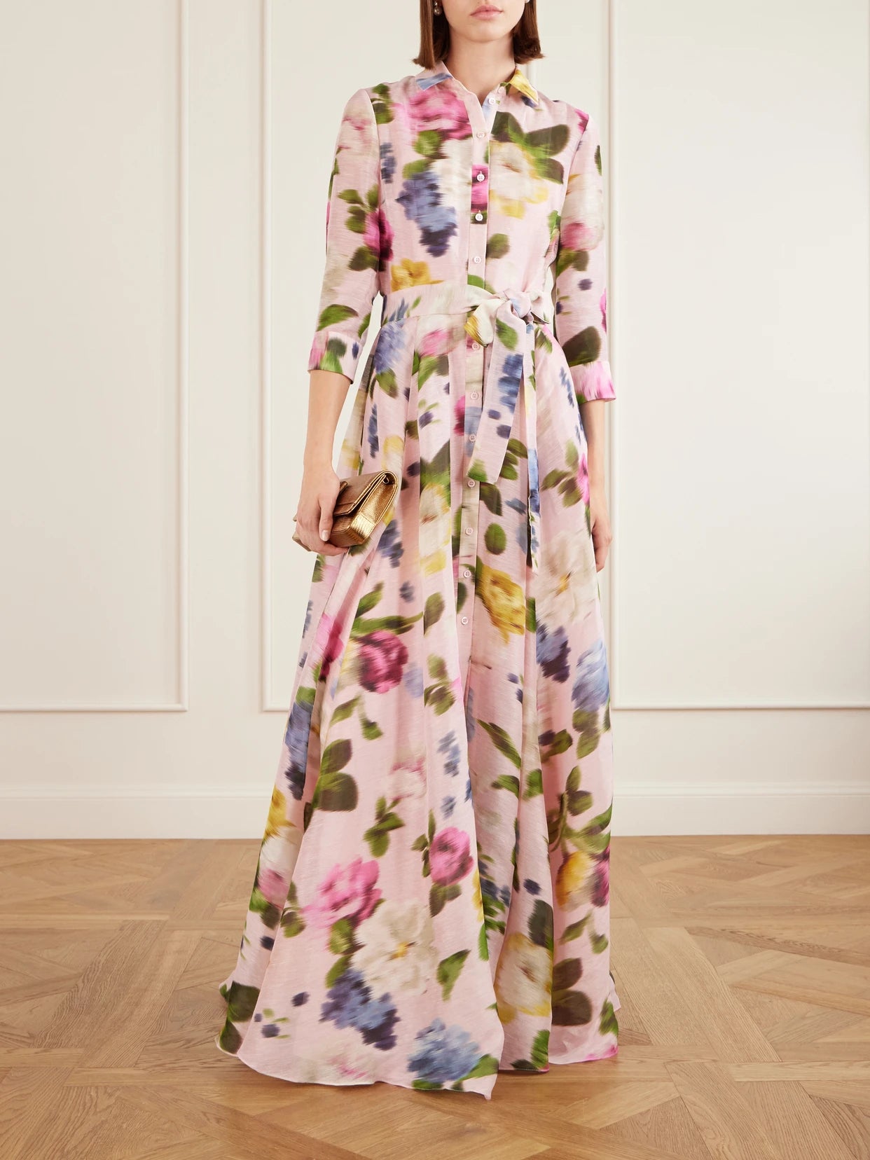 Image of Dresses. Product name - Floral-print Linen And Silk-blend Gown in Pink colour by brand - Carolina Herrera