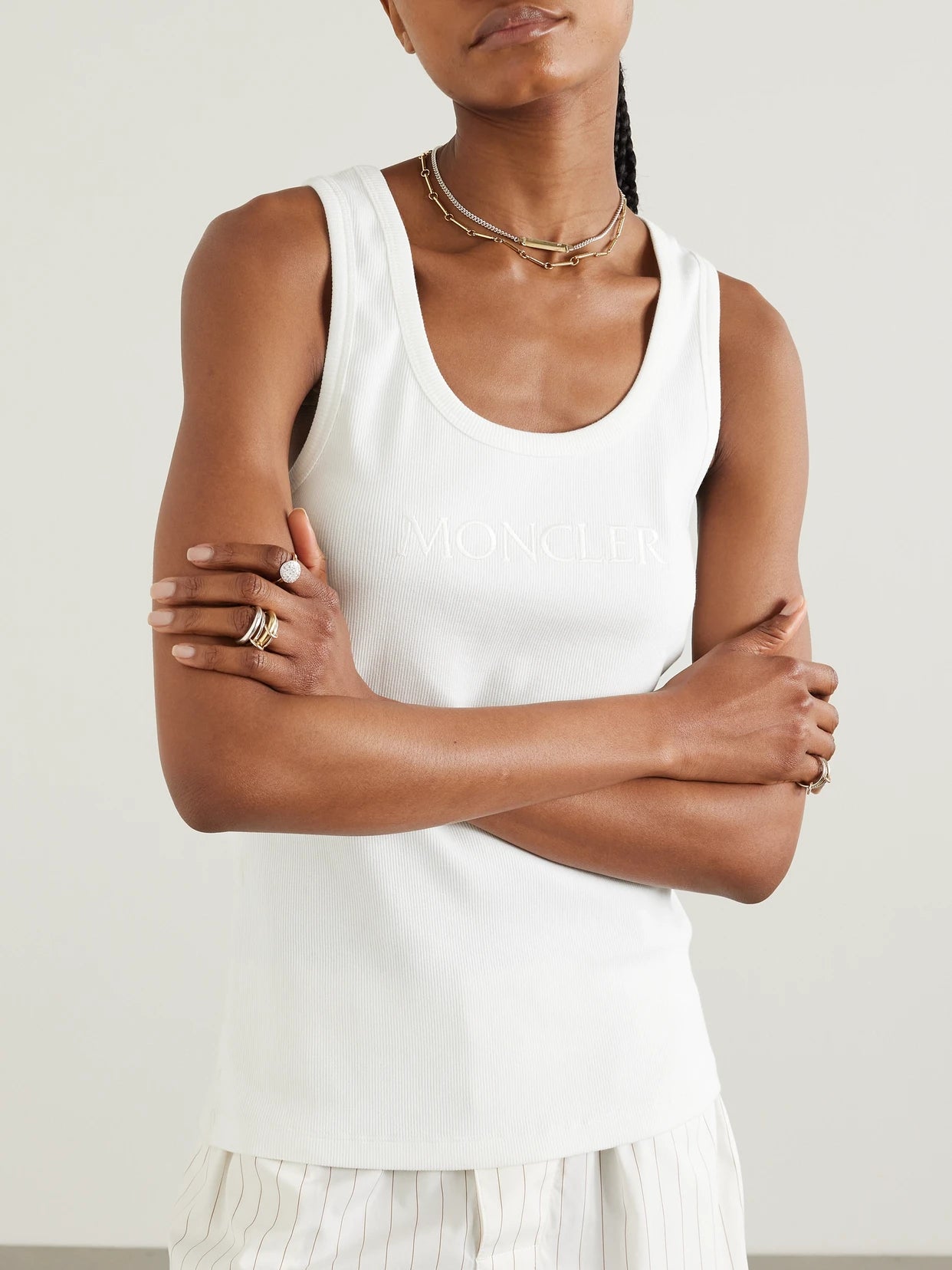 Embroidered Ribbed Stretch-cotton Tank