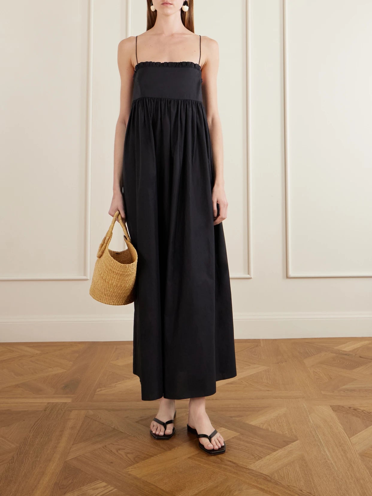 Image of Dresses. Product name - Empire Ruffled Cotton-poplin Midi Dress in Black colour by brand - Matteau