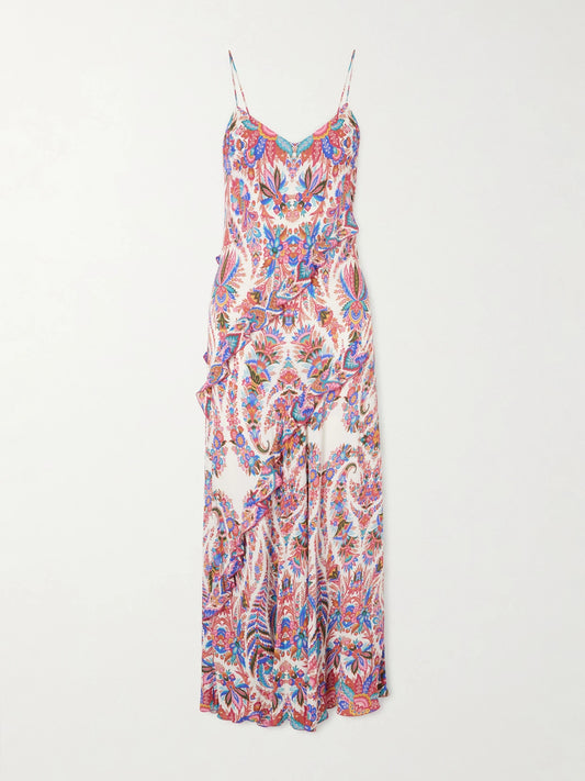 Image of Dresses. Product name - Ruffled Paisley-print Chiffon Maxi Dress in Multi colour by brand - Etro