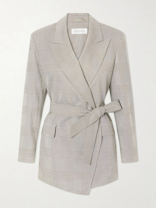 Image of a model wearing Outerwear. Product name - Belted Checked Wool Blazer in Light gray colour by brand - Max Mara