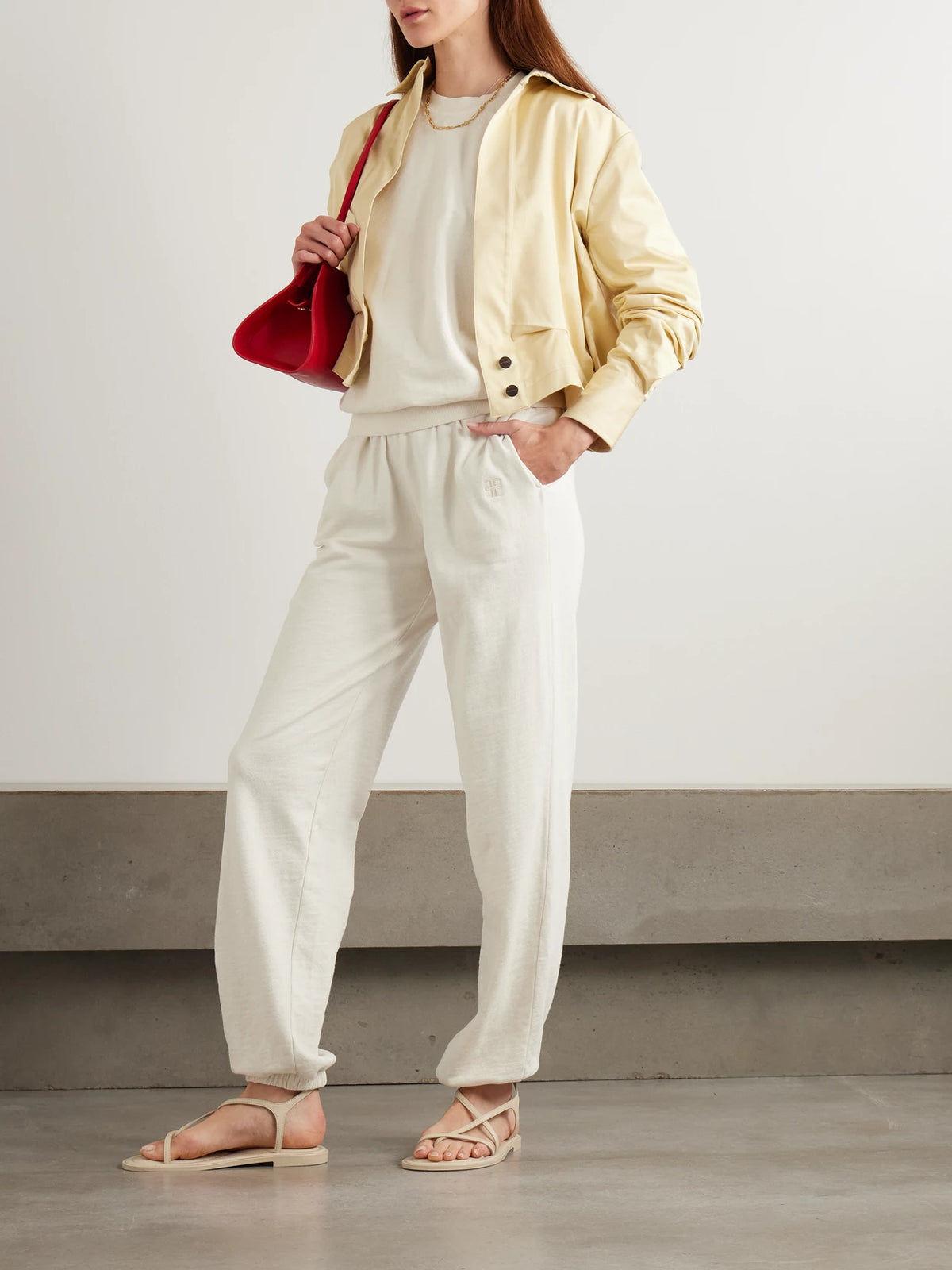 Image of Sleepwear & Loungewear. Product name - Vinny Embroidered Tapered Cotton-jersey Track Pants in Beige colour by brand - ÉTERNE