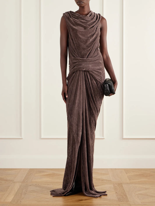 Image of Dresses. Product name - Strutter Draped Velvet Gown in Grape, Black colour by brand - Rick Owens