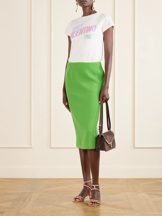 Image of a model wearing Tops. Product name - Printed Cotton Jersey T-shirt in White colour by brand - Valentino Garavani