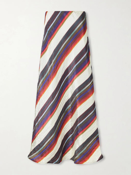 Image of a model wearing Skirts. Product name - Morris Striped Crinkle-satin Maxi Skirt in Multi colour by brand - Christopher John Rogers