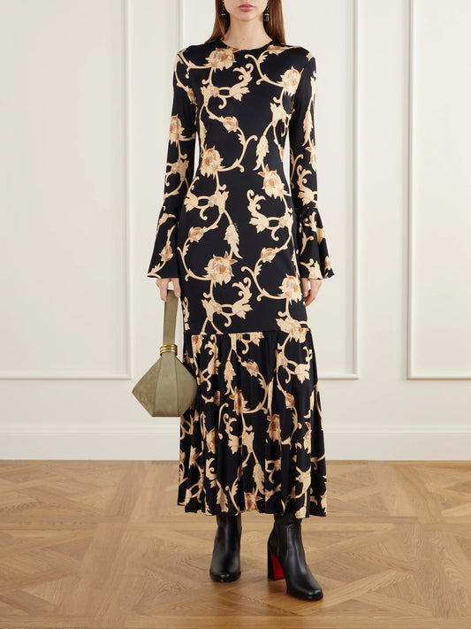 Image of Dresses. Product name - Alba Gathered Floral-print Stretch-jersey Maxi Dress in Black colour by brand - La DoubleJ