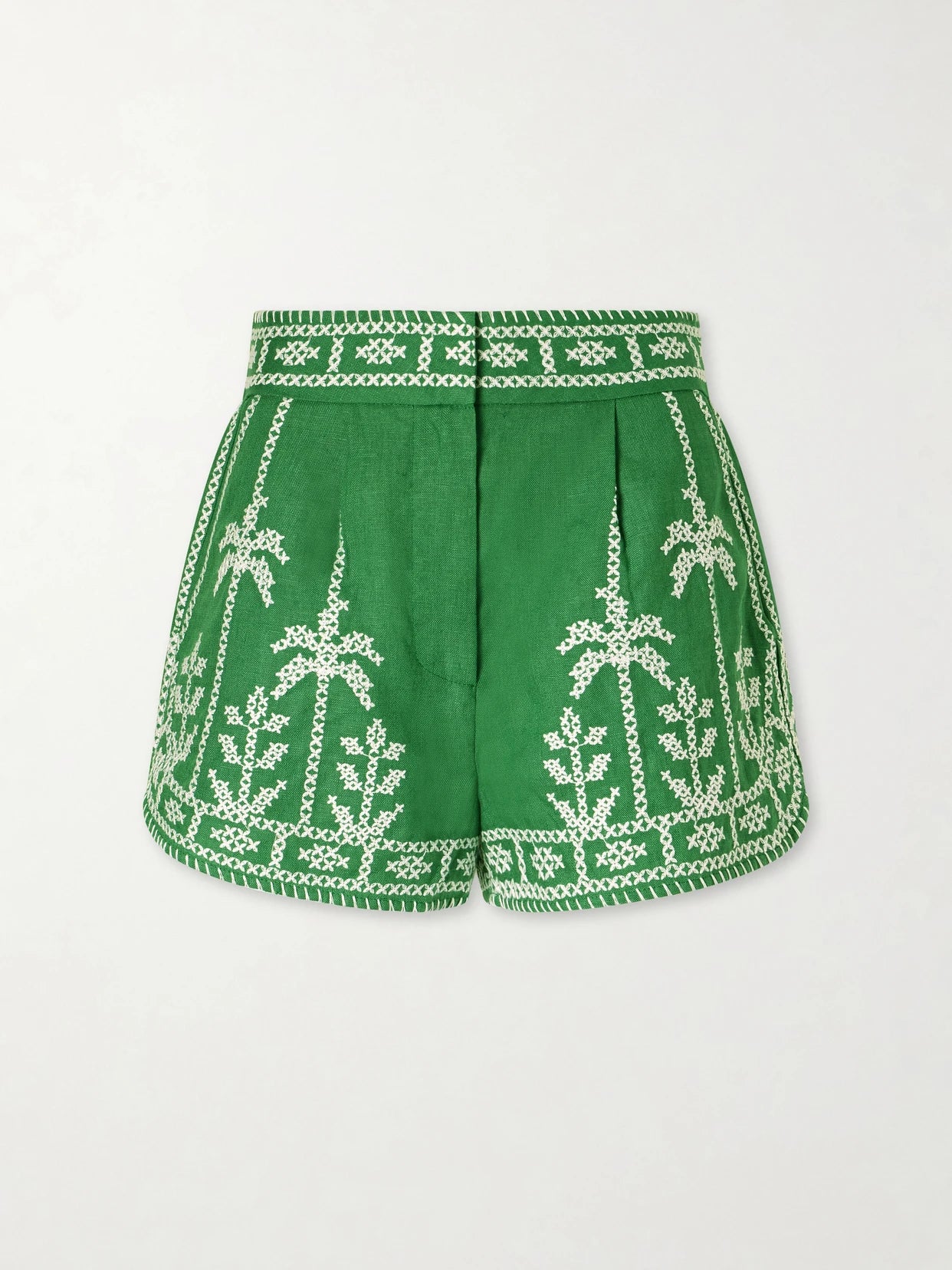 Image of a model wearing Shorts. Product name - Embroidered Linen Shorts in Green colour by brand - Farm Rio