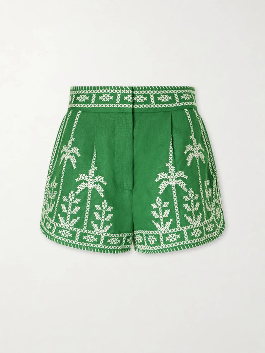 Image of a model wearing Shorts. Product name - Embroidered Linen Shorts in Green colour by brand - Farm Rio