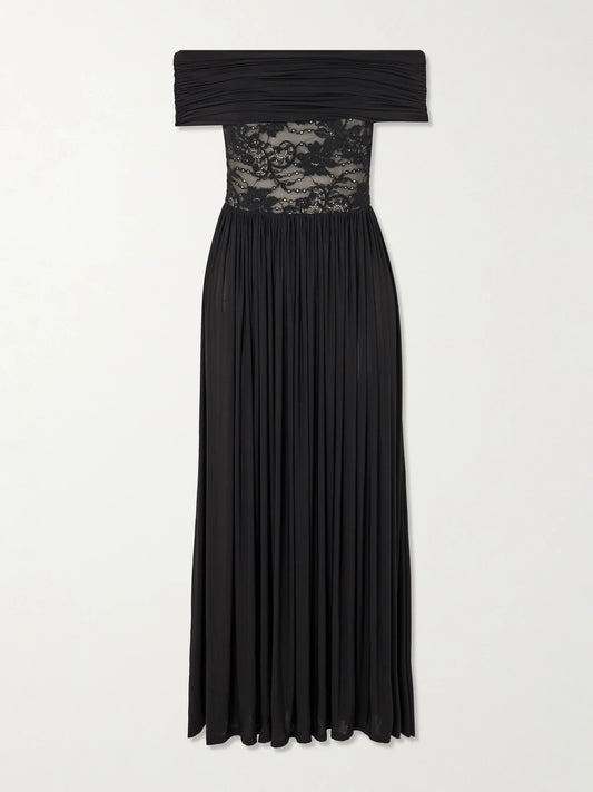 Image of Dresses. Product name - Off-the-shoulder Lace-trimmed Gathered Stretch-jersey Maxi Dress in Black colour by brand - Zimmermann