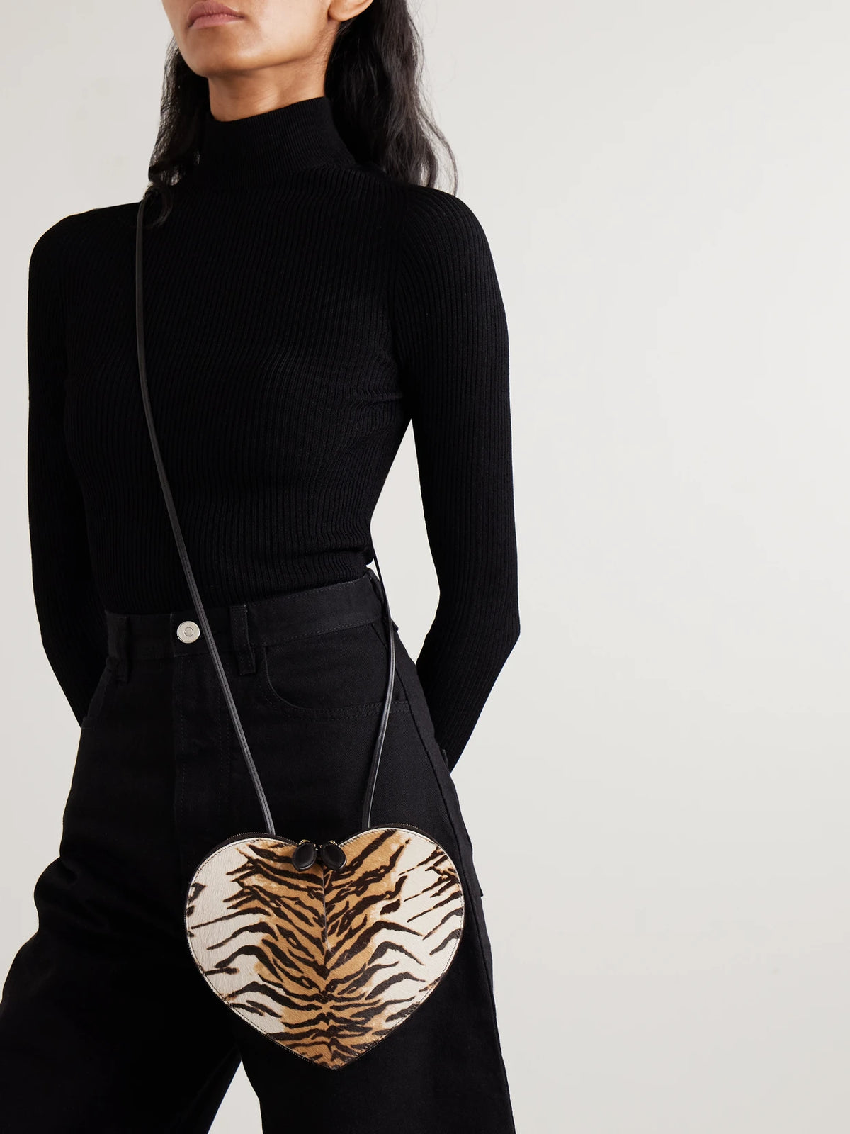 Image of Bags. Product name - Le Coeur Animal-print Leather-trimmed Calf Hair Shoulder Bag in Anthracite colour by brand - Alaïa