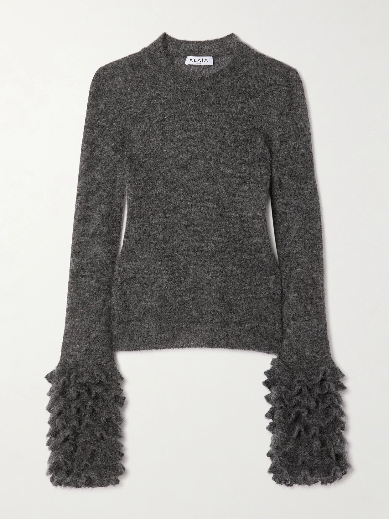 Image of a model wearing Outerwear. Product name - Ruched Mohair-blend Sweater in Gray colour by brand - Alaïa
