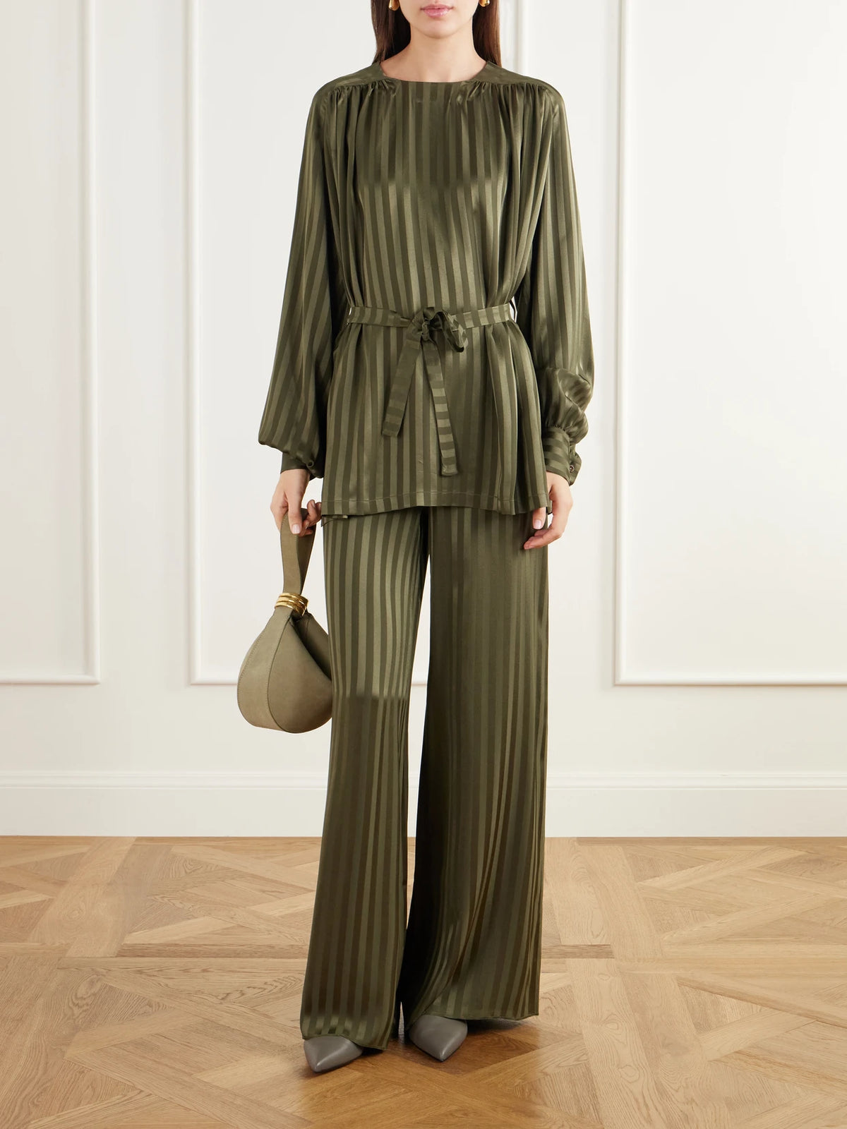 Image of Outfit Sets. Product name - The Amanda Striped Silk-jacquard Wide-leg Pants in Dark green colour by brand - Giuliva Heritage