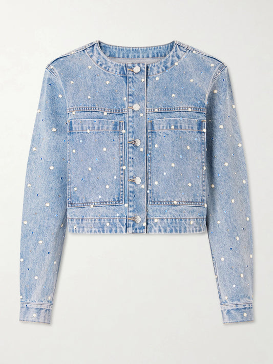 Image of Coats & Jackets. Product name - Lowry Cropped Embellished Denim Jacket in Mid denim colour by brand - Veronica Beard