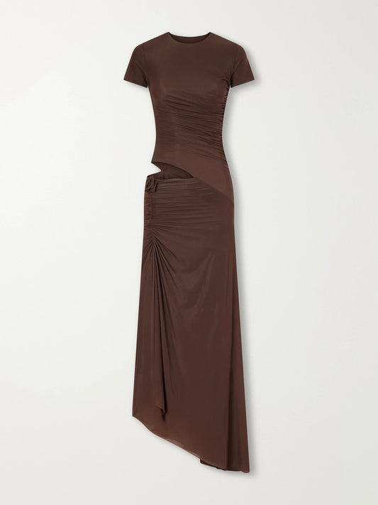 Maygel Coronel Celeste Asymmetric Ruched Cut-out Jersey Midi Dress