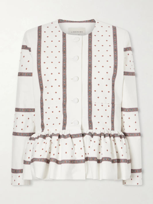 Image of Coats & Jackets. Product name - Printed Peplum Cotton Jacket in White colour by brand - LIBEROWE