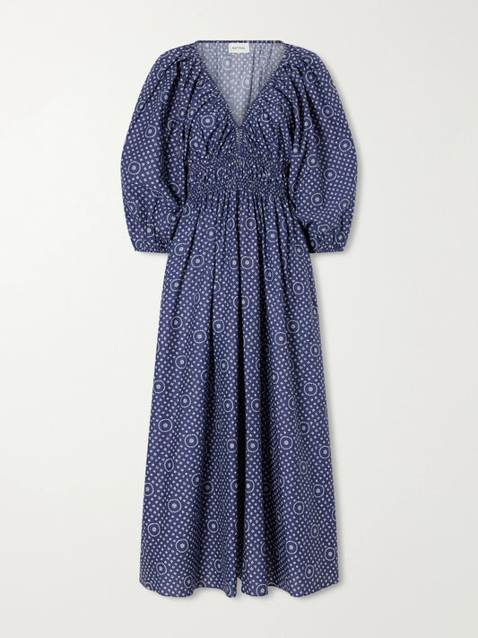 Image of Dresses. Product name - Shirred Paisley-print Organic Cotton Midi Dress in Blue colour by brand - Matteau