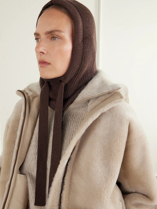 Image of Scarves & Shawls. Product name - Drawstring Ribbed Cashmere Snood in Chocolate, Ivory, Gray colour by brand - Brunello Cucinelli