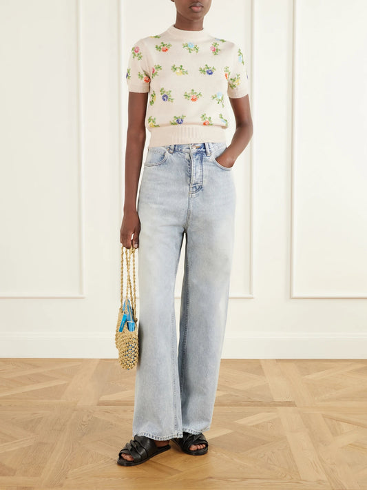 Image of a model wearing Outerwear. Product name - Floral-embellished Merino Wool Sweater in Multi colour by brand - RABANNE