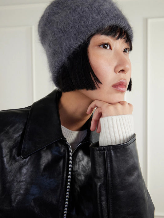Image of Hats. Product name - Brushed Ribbed Cashmere Beanie in Charcoal colour by brand - LISA YANG