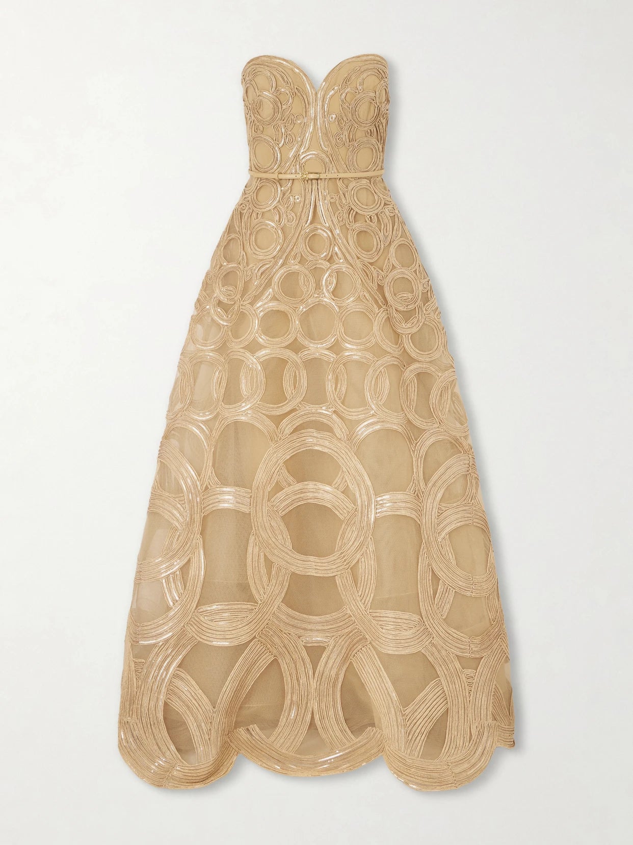 Image of Dresses. Product name - Strapless Sequin-embellished Raffia-trimmed Tulle Midi Dress in Beige colour by brand - Elie Saab