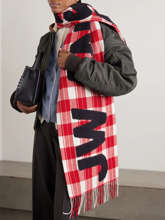 Image of Scarves & Shawls. Product name - Fringed Appliquéd Checked Wool-blend Scarf in Red colour by brand - JW Anderson