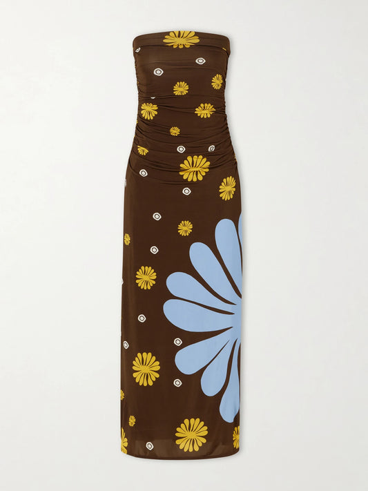Image of Dresses. Product name - Daphne Ruched Printed Jersey Midi Dress in Brown colour by brand - Cala de la Cruz