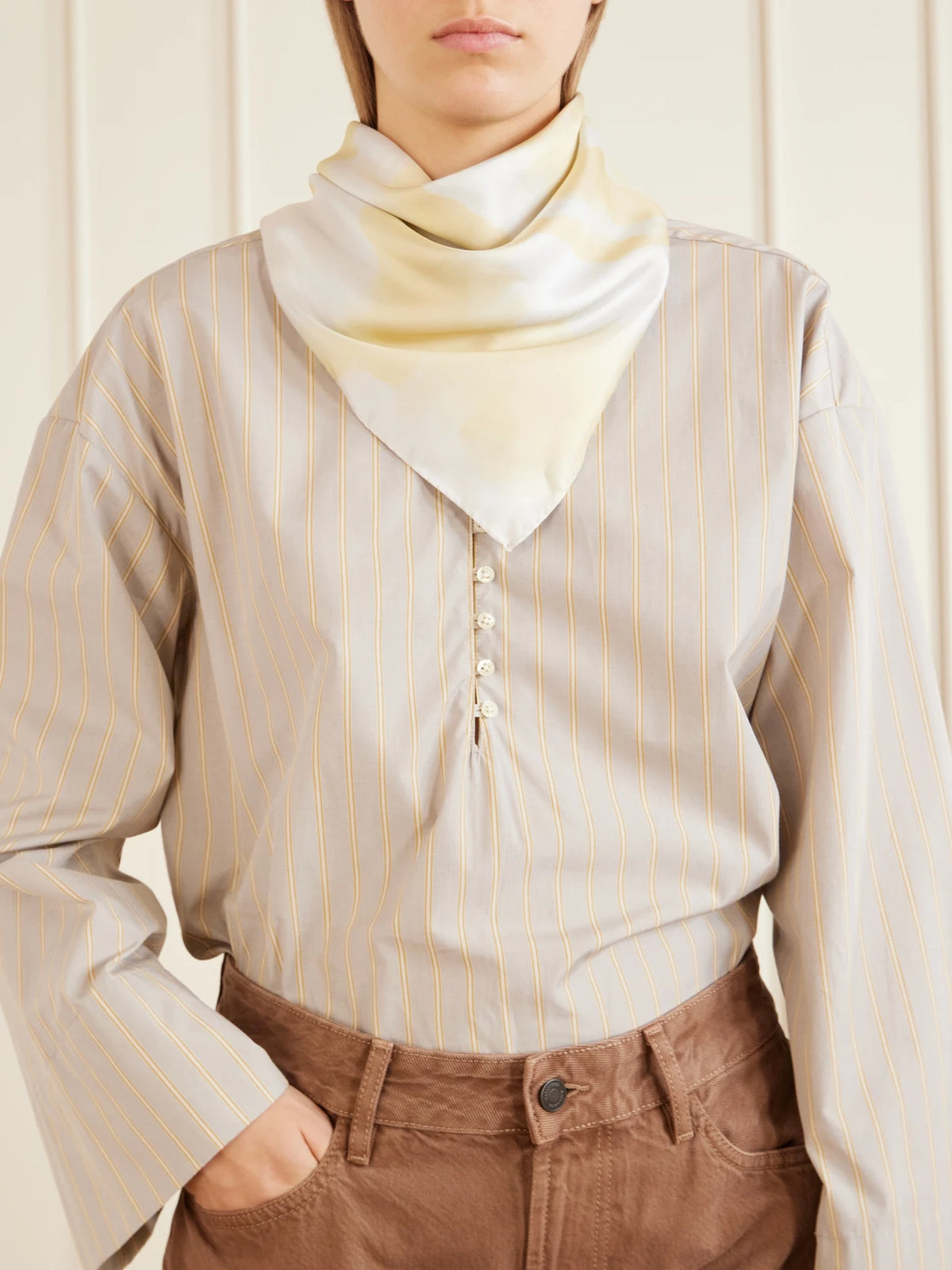Image of Scarves & Shawls. Product name - Oil Moire Printed Silk-twill Scarf in Cream colour by brand - KALLMEYER