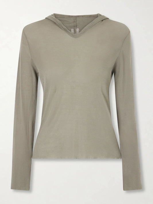 Image of a model wearing Outerwear. Product name - Cropped Cotton-jersey Hooded T-shirt in Gray colour by brand - Rick Owens