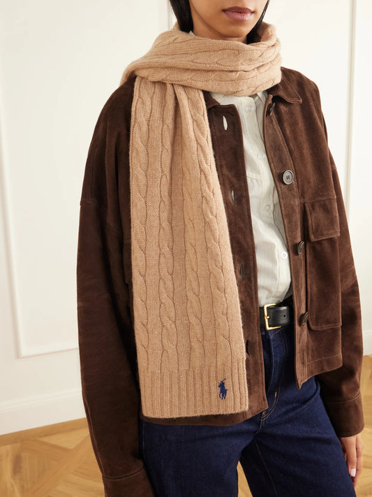 Image of Scarves & Shawls. Product name - Logo-embroidered Cable-knit Wool And Cashmere-blend Scarf in Beige, Gray, Blue colour by brand - Polo Ralph Lauren