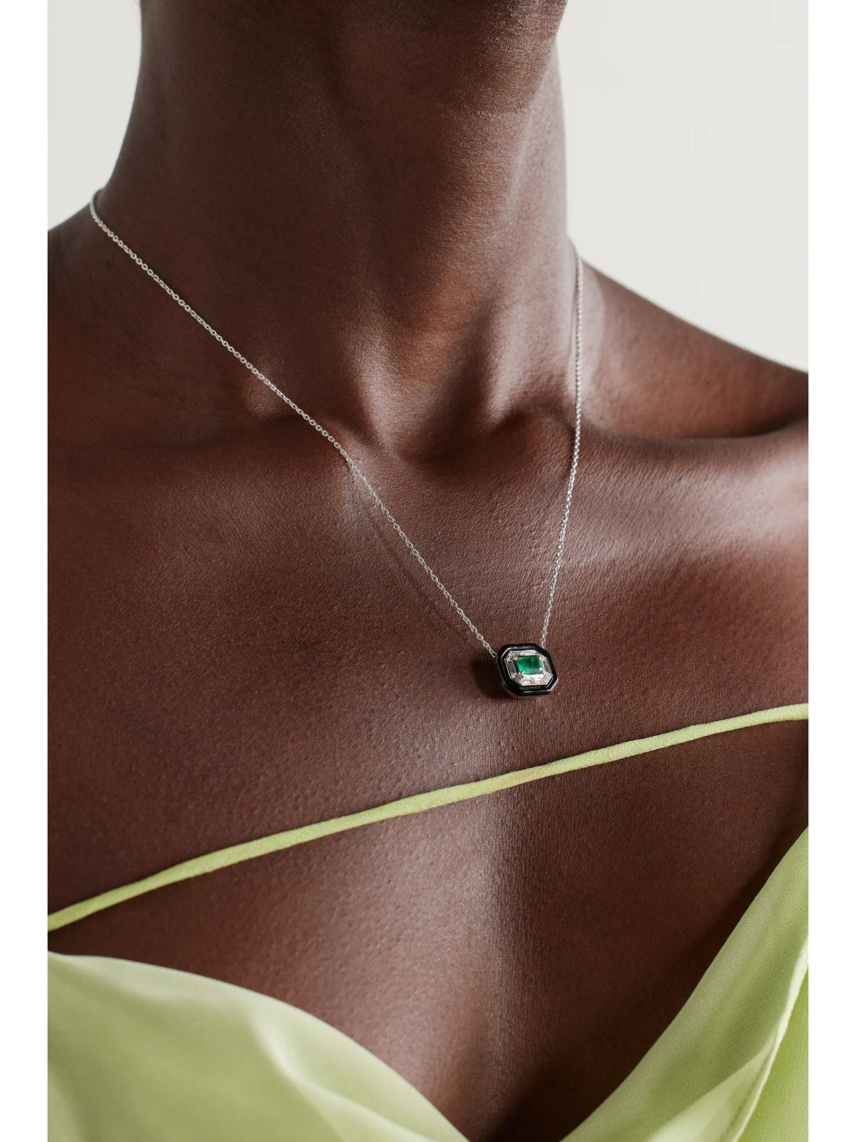 Image of Necklaces. Product name - Oui 18-karat White Gold, Emerald, Diamond And Enamel Necklace in Multi colour by brand - Nikos Koulis