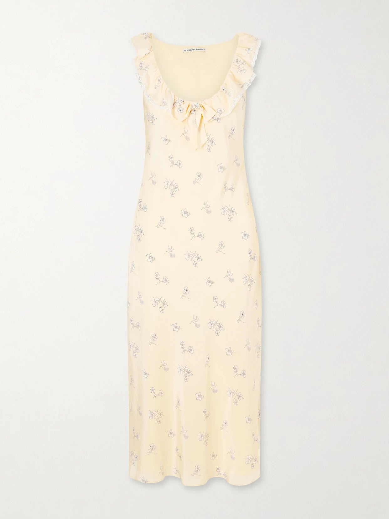 Image of Dresses. Product name - Floral-print Lace-trimmed Silk-satin Midi Dress in Yellow colour by brand - Alessandra Rich