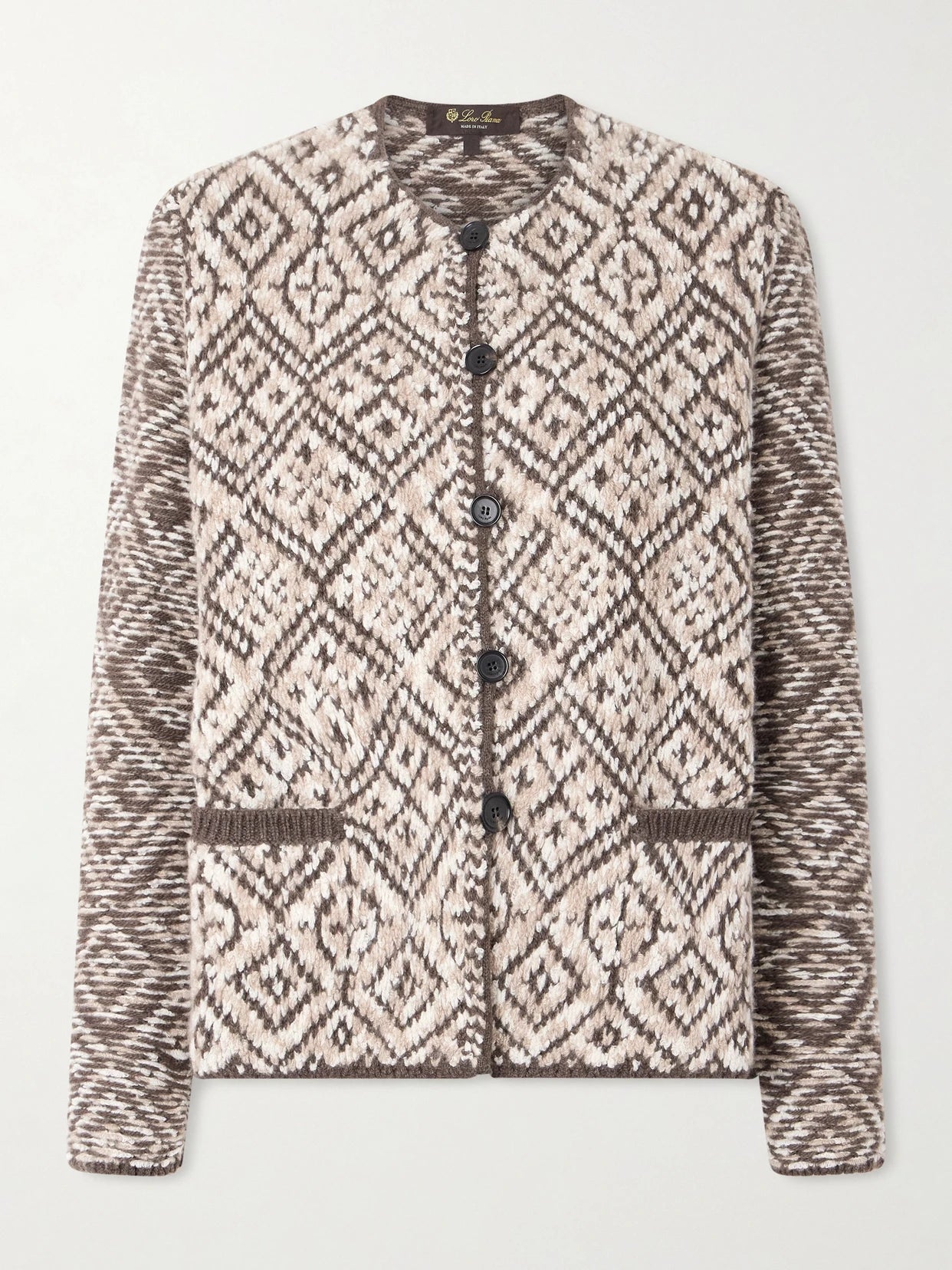 Image of a model wearing Outerwear. Product name - Jacquard-knit Cashmere Cardigan in Beige colour by brand - Loro Piana