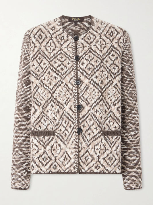 Image of a model wearing Outerwear. Product name - Jacquard-knit Cashmere Cardigan in Beige colour by brand - Loro Piana