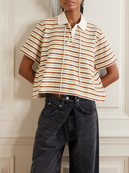 Lace-up Cropped Striped Cotton Polo Shirt