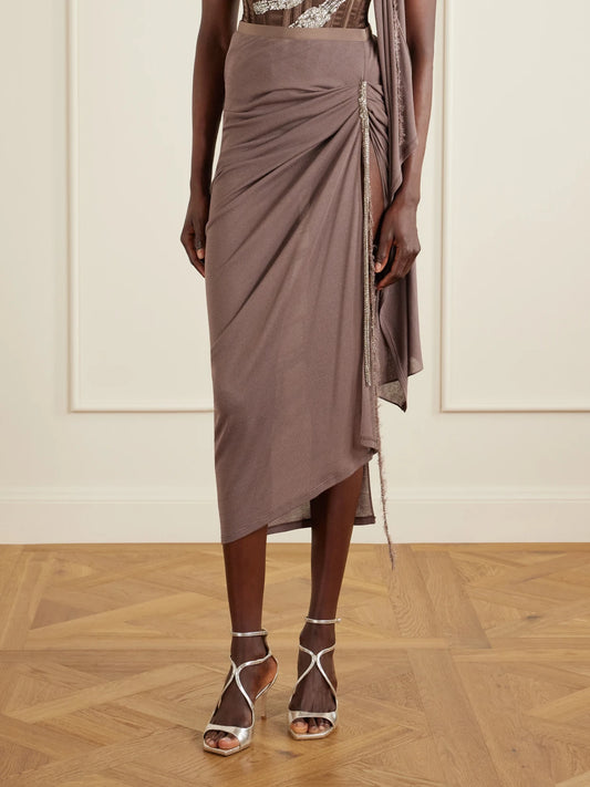 Embellished Draped Knitted Midi Skirt